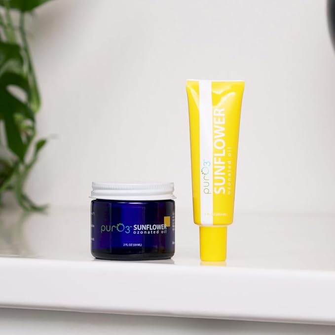 PurO3 Ozonated Sunflower Oil – Pure, Natural, Organic Skincare for Face & Body – Oxygenated Healing Lotion, Moisturizer & Beauty Cream in a Glass Jar – O3 Therapy Salve, 2 oz