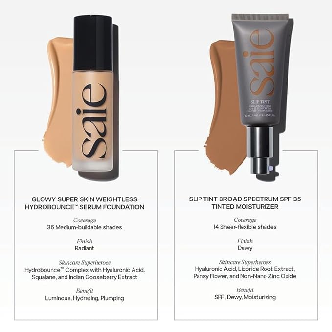 Saie Slip Tint Tinted Moisturizer with SPF 35 - Light Coverage, Glowy Skin Tint & Mineral Sunscreen for Face with Hydrating Hyaluronic Acid - Summer Makeup Essential - Shade Three (1.35 oz)