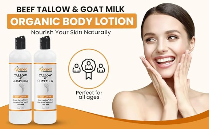 Tallow & Goat Milk Body Lotion for Sensitive Skin, Organic moisturizing Lotion - Soothes Dry skin, Goat Milk face and body Moisturizer - Handmade Tallow for skin cream (12 OZ, Unscented)
