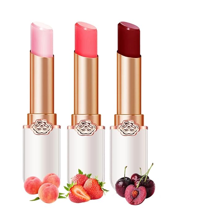 BINGBRUSH Peach Color Changing Lipstick,Moisturizer Long Lasting Lip Care Lip Balm Magic Lip Gloss Lip Tint Stain Gloss Set for Women (3Pcs Peach+Strawberry+ Red Cherries Lipstick)