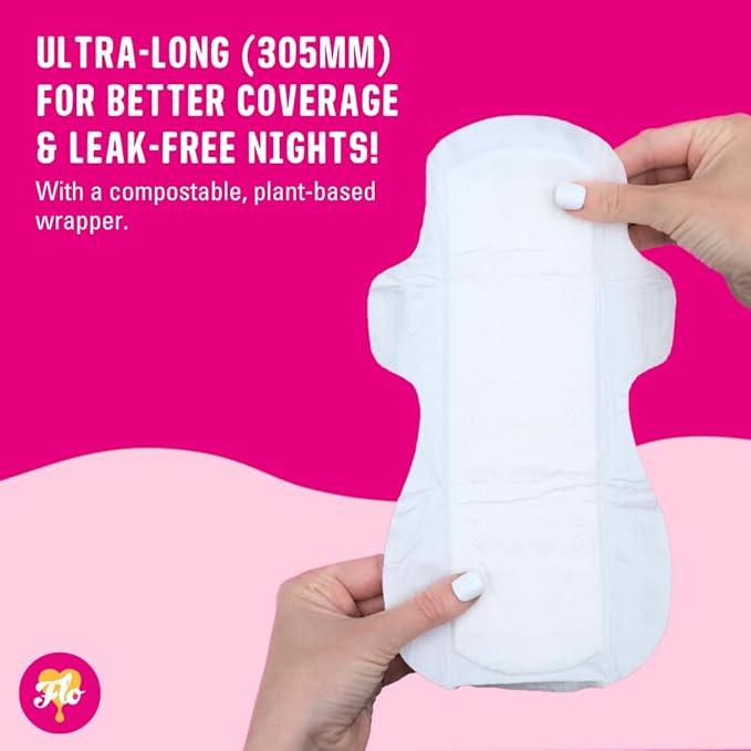 Flo Bamboo Night Period Pads with Wings (40 Pads) - Super Absorbent, Soft, Thin