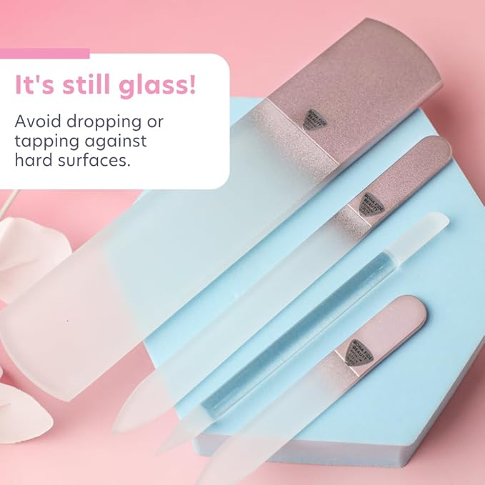 Bona Fide Beauty Handmade Czech Glass Manicure Pedicure Gift Set for Women, 4PC Gift Set in Rose Gold with Glass Foot File, Cuticle Pusher, Mini File and Regular Nail Filer