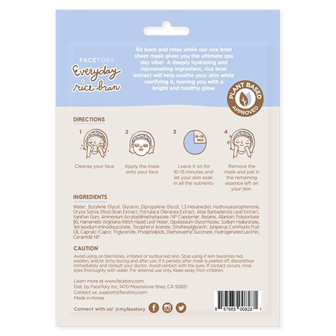FACETORY K Beauty Face Mask Skin Care - Everyday RICE BRAN Soothing Sheet Mask | Plant-Based Rice Face Mask (10 Pack)