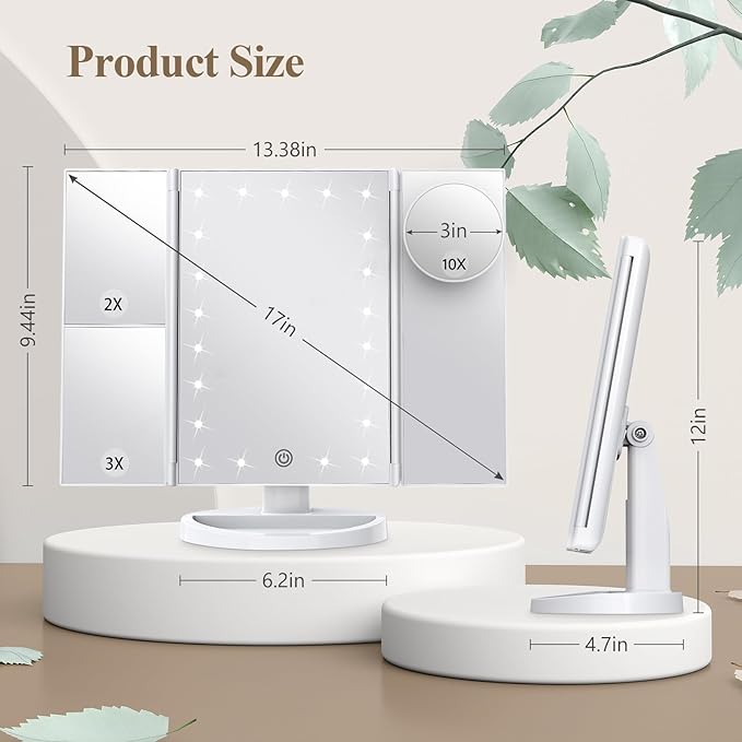 HUONUL Makeup Mirror Vanity Mirror with Lights, 2X, 3X, 10X Magnification, Touch Control, Trifold, White, 9.4" L x 13.4" W, Modern Style, Dresser Mount, Bathroom