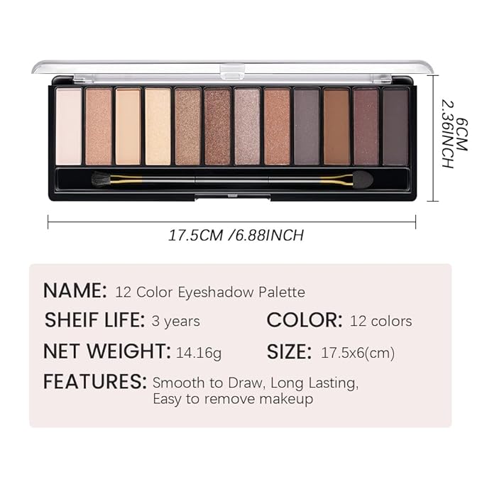 12 Colors Eyeshadow Palette โ Neutral Warm Tone Matte & Glitter Eye Makeup Palette, High Pigment Waterproof Eyeshadow Kit for Women โ Blendable Natural Brown, Nude, Rose Gold Shimmer Makeup 01#