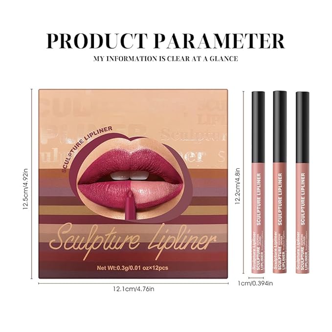 Matte Lip Liner Pencil Set, 12 Colors, Waterproof, Smudge-Proof, Long-Lasting, Semi-Glossy Finish for Defining, Contouring (1#, 3Count (Pack of 1))