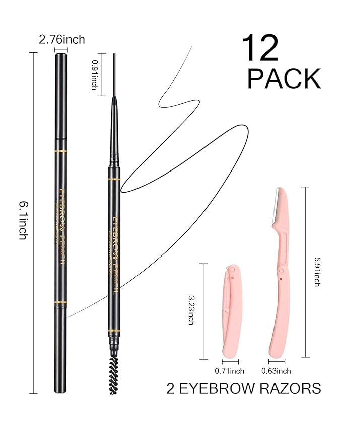 Black Eye Brow Pencils for Women, 6Pcs Waterproof Eyebrow Pencil, 1.5mm Micro-Fine Tip & Spiral Brush with Brow Razors Perfect for Creating a Natural and Delicate Eyebrow Look Makeup
