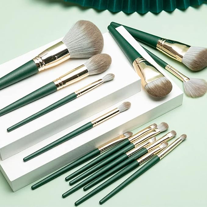 Professional Makeup Brush Set, 13 Pieces, Green Handle with Silver Ferrule, Travel Case Included