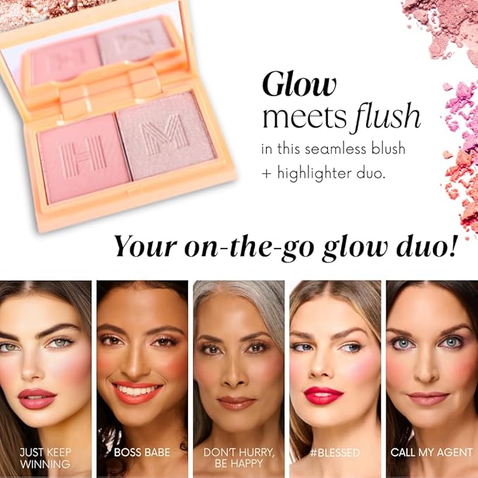 Mini Blush + Brighten Highlighter Duo, Lightweight Blendable Shimmer Blush, High Pigmented Makeup Powder Palettes, Cruelty Free - Just Keep Winning