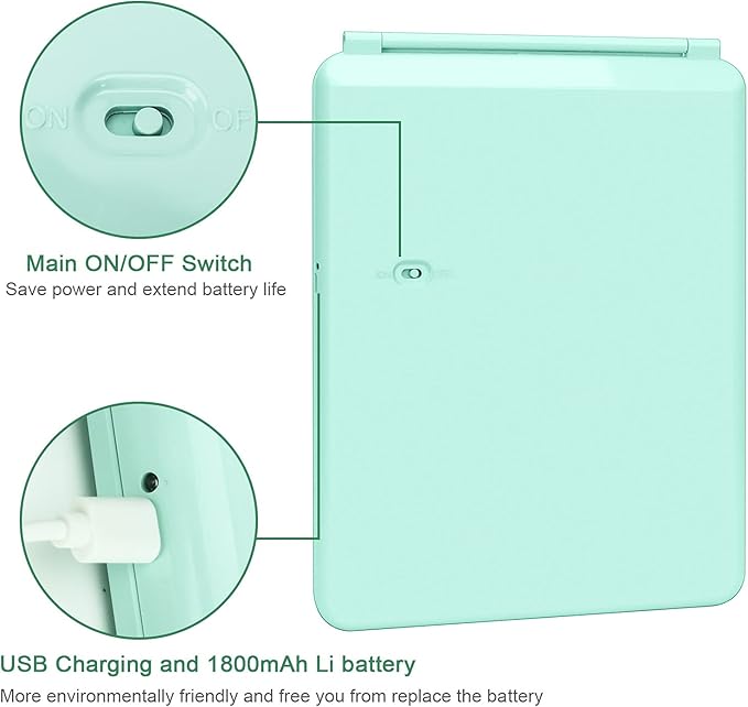 deweisn Folding Travel Mirror Lighted Makeup Mirror with 72 LEDs 3 Colors Light Modes, USB Rechargable, Portable, Ultra Thin, CompactVanity Mirror with Touch Screen Dimming for Cosmetic (Green)
