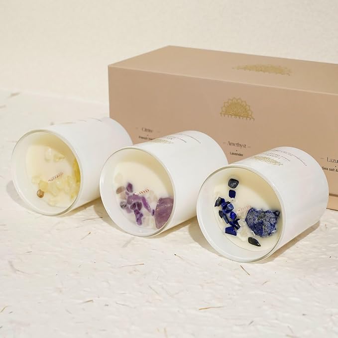 Soy Candles with Healing Crystals. Amethyst, Lazurite, Citrine Crystal. Lavender, Sea Salt & Orchid, French Vanilla. Positivity Energy Gift for Women, 3PC Scented Candle Set 3.5 oz Each