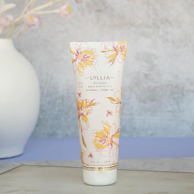 LOLLIA Breathe Shower Gel, 8 fl oz, Peony & White Lily, Luxury Shea Moisture Hydrating Women's Body Wash, Delicate & Relaxing Scented Bath Soap for Self Care