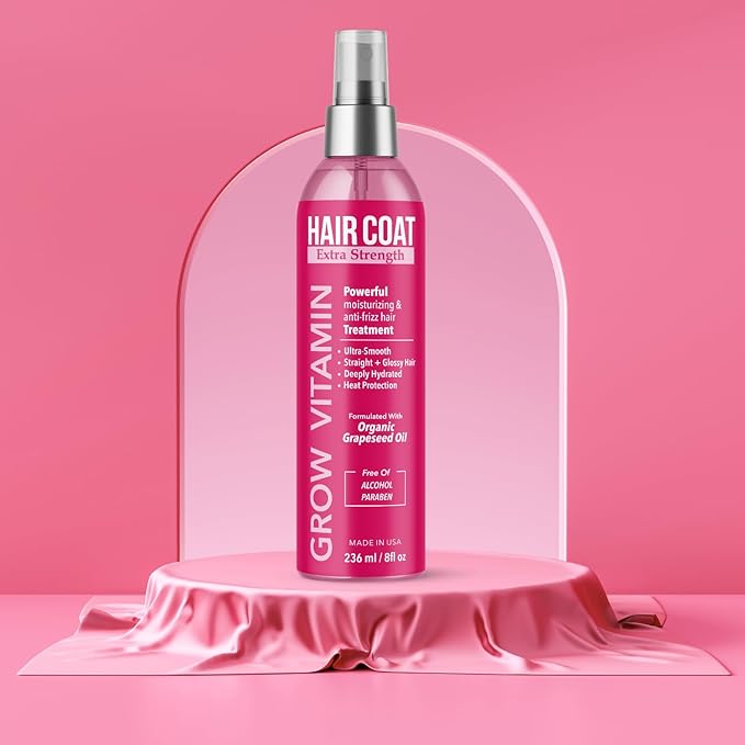 grow vitamin Hair Coat Extra Strength Spray - Anti-Frizz, Anti-Humidity, & Heat Protectant with Organic Grapeseed Oil - Lightweight, Alcohol-Free, Paraben-Free, Vegan Formula - 8 fl oz