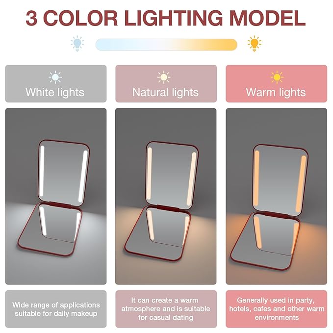 Kintion Rechargeable Pocket Mirror, Double Sided 1X/3X Magnification Compact Vanity Mirror, 3 Color Lights, Dimmable, Small Portable Wallet Mirror, Lighted Travel Mirror for Women Gifts, Wine Red