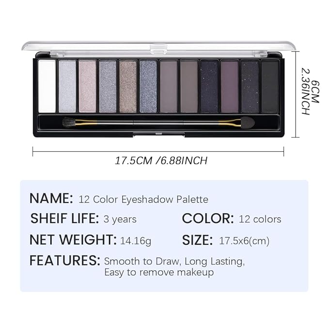 12 Colors Cool Tone Eyeshadow Palette – Matte, Shimmer & Glitter Gray Blue Eye Makeup Kit – Smokey Plum, Taupe, Lavender, Silver & Midnight Blue Shades – Waterproof, High Pigment Palette for Women 03#