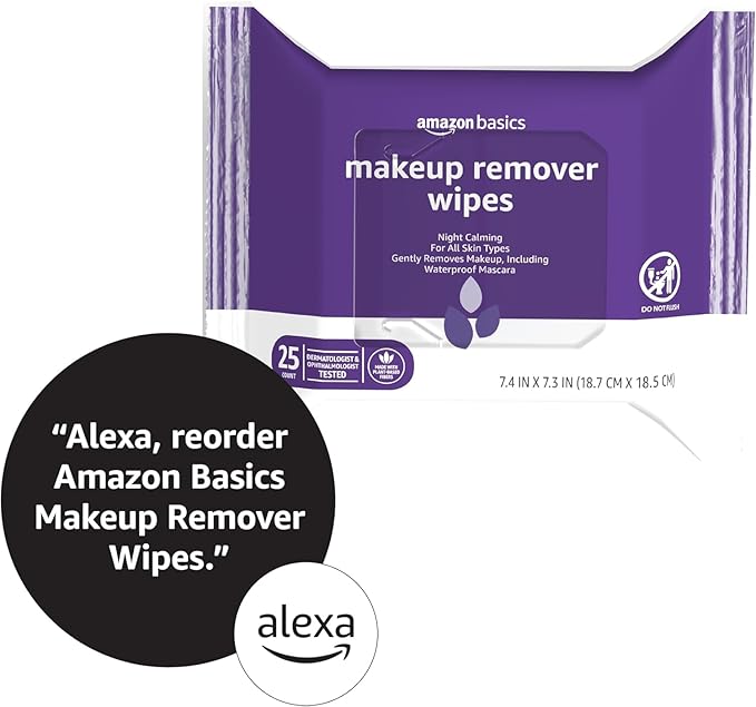 Amazon Basics Makeup Remover Wipes, Gentle Cleansing, Dermatologist Tested, Night Calming, Plant Based, Alcohol Free, Removes Waterproof Mascara, 25 Count Per Pack, Pack of 1 (Previously Solimo)