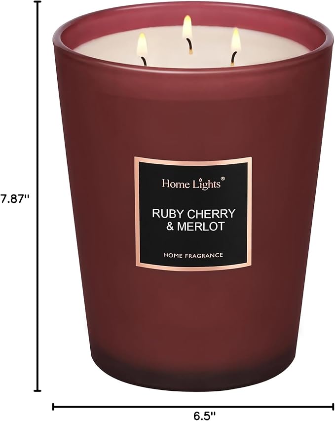 HomeLights Scented Candles - Large Jar Aromatherapy, Natural Soy Wax, 130 Hour Long Burning, Ruby Cherry & Merlot