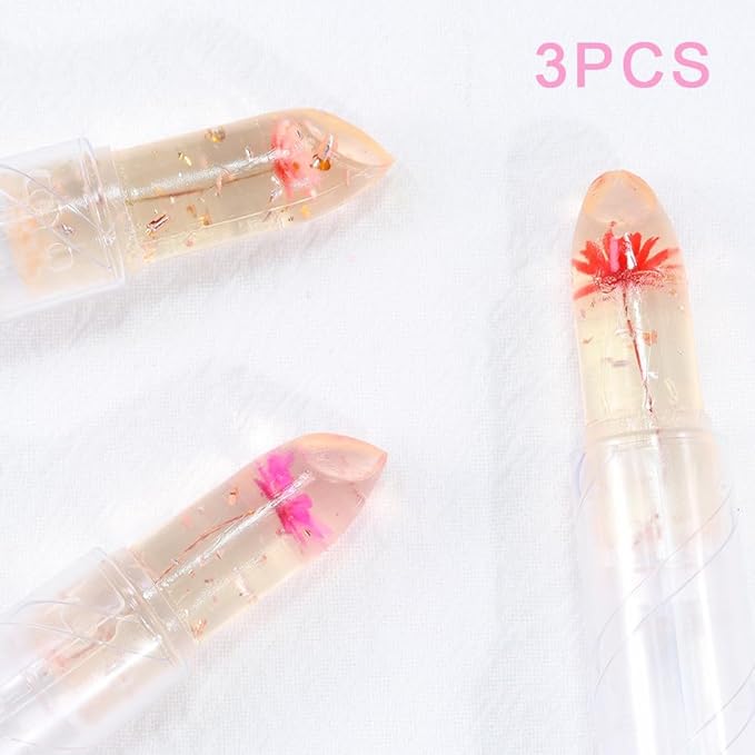BINGBRUSH 3 Pcs Crystal Flower Jelly Color Changing Lipstick,Long Lasting Lip Care Moisturizer Lip Balm Magic Color Change Lip Gloss Lip Tint Stain Matte Makeup Lipstick