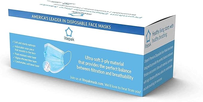 Litepak 2000pcs Disposable Face Masks Black 3-Ply Adult Mask Nose Wire Protection - Breathable Protective Face Covering