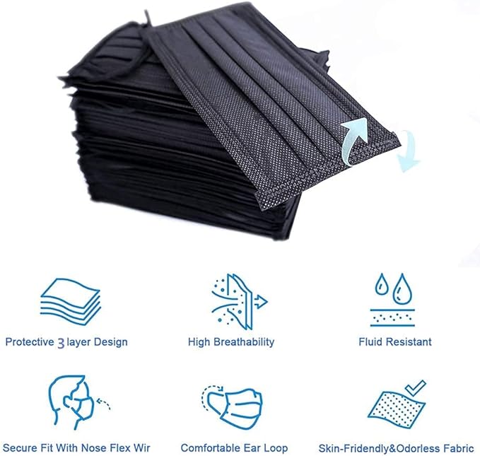 Montana West 2000 PCS Bulk Black Face Masks (40 Packs, 50pcs/Pack), Non Woven Thick 3-Layers Masks with Adjustable Earloop