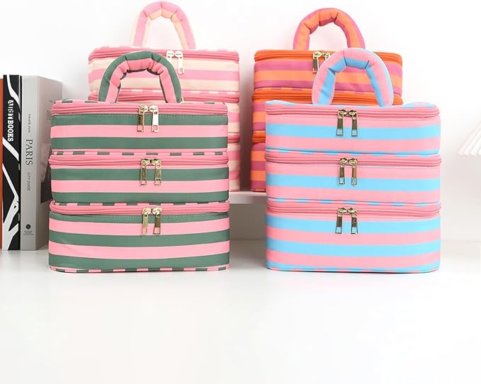 Three Layer Makeup Bag for Women Fashion Stripes Cosmetic Bag Preppy Style Travel Water-Resistant Toiletry Bag for Storage Toiletries Cosmetics Sets for Women Teen Girls Purple