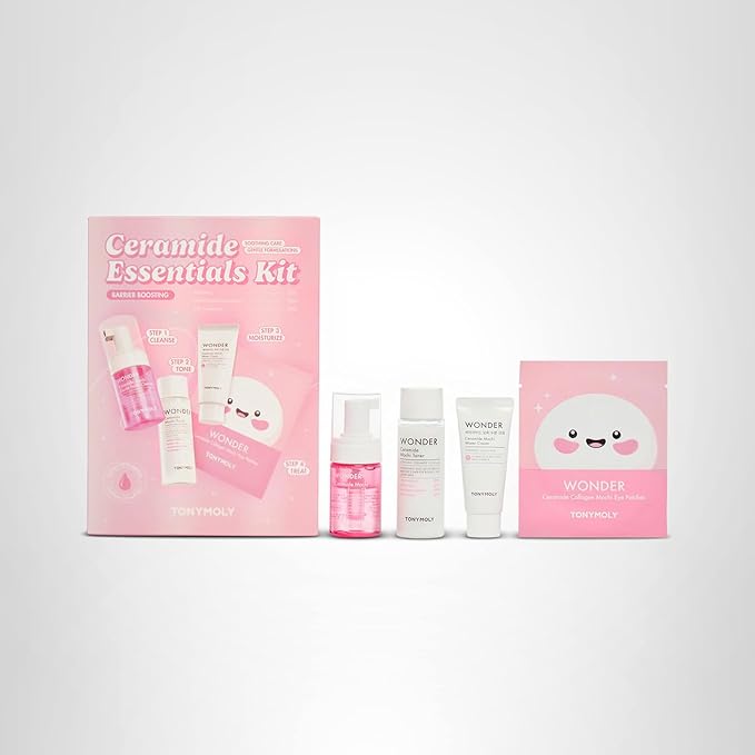TONYMOLY Wonder Ceramide Mochi Essentials 4-Piece Skincare Set – Travel Toner, Cleanser, Cream & Eye Patches, Hydrating Korean Skincare Kit