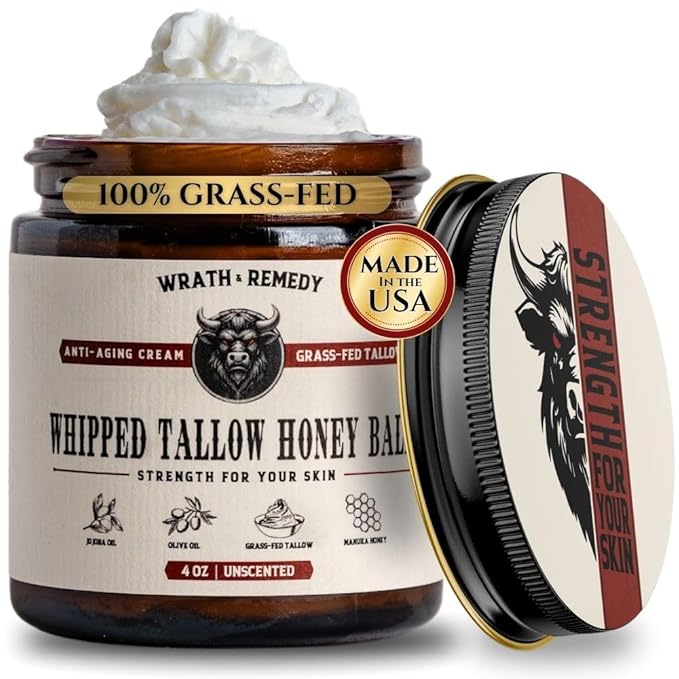 Organic Beef Tallow for Skin - 4 OZ (Unscented) โ Grass Fed Beef Tallow for face + Body โ US-Made Whipped Tallow and Honey Balm Moisturizer for Dry and Sensitive Skin, Eczema, Rosacea (No Additives)
