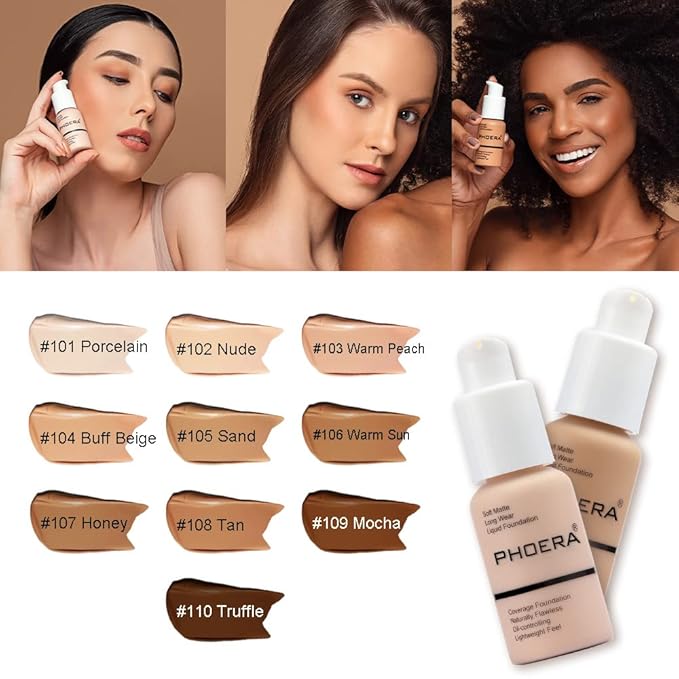 Phoera® Full Coverage Foundation Soft Matte Oil Control Concealer 30ml Flawless Cream Smooth Long Lasting (107 HONEY)