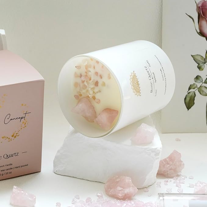 Healing Crystal Candle, French Vanilla Scented Rose Quartz Candle in 10 oz Jar - Natural Crystal for Love and Healing - Elegant Home Decor and Gift Idea