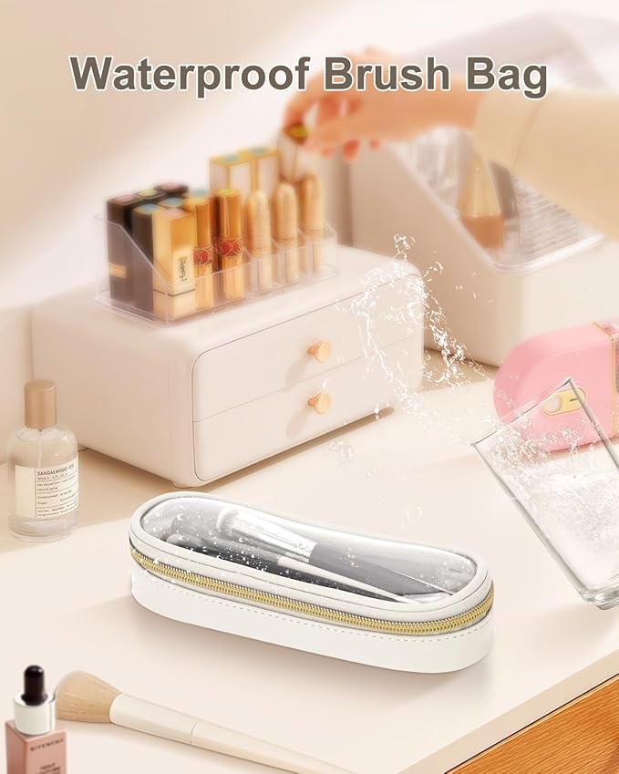 Clear Travel Makeup Brush Holder, Leather Makeup Brush Toiletry Bag, Portable Cosmetic Brush Case, Transparent Waterproof Makeup Brush Storage Bag, White, Large