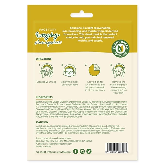 FACETORY K Beauty Face Mask Skin Care - Everyday OLIVE Skin Balancing Sheet Mask | Plant-Based with Squalane Oil (10 Pack)