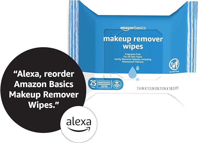 Amazon Basics Makeup Remover Wipes, Gentle Cleansing, Dermatologist Tested, Fragrance Free, Plant Based, Alcohol Free, Removes Waterproof Mascara, 25 Count Per Pack, Pack of 1 (Previously Solimo)