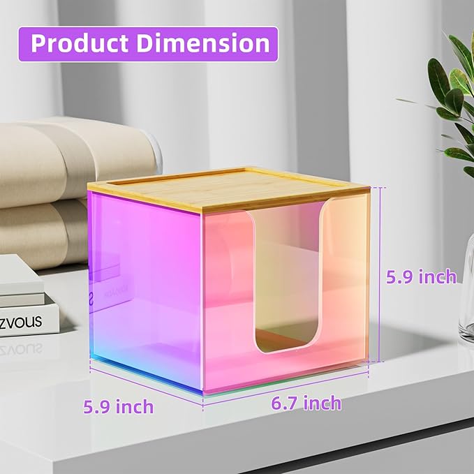 VITVITI Disposable Face Towel Holder Box, Acrylic Facial Towel Container for XL Clean Skin Club, Large Disposable Face Towels Storage with Bamboo Lid, for Bathroom, Vanity Makeup, Rainbow