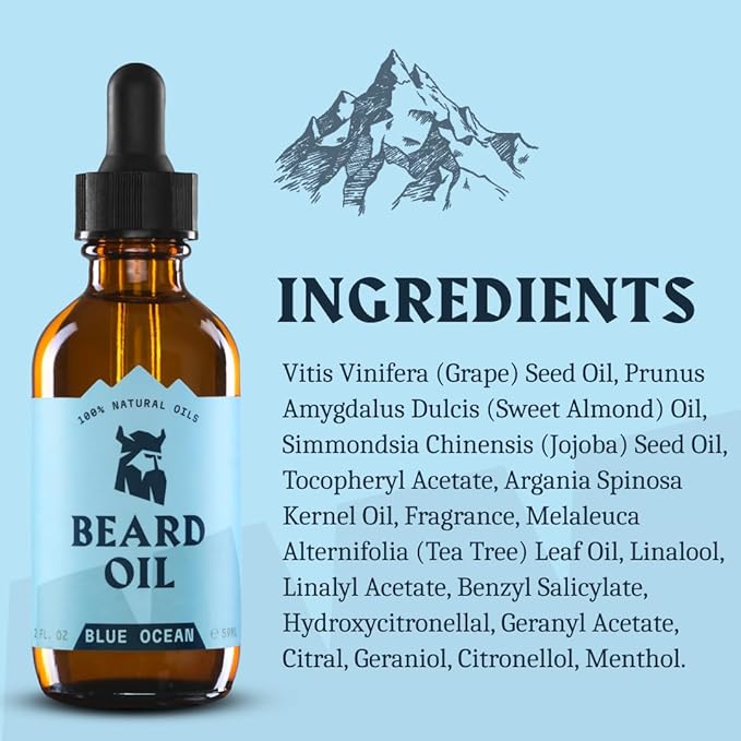 Striking Viking Beard Oil for Men - Naturally Derived Conditioner with Almond, Tea Tree, Argan & Jojoba Oil for Beard Growth, Softening & Moisturizing (2 Fl Oz (Pack of 1), Blue Ocean)