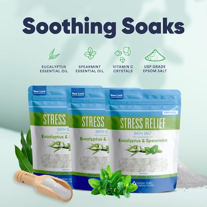 Stress Relief Bath Salt (3 Pack Plus Scoop) Epsom Salt Relaxing Bath with Eucalyptus and Spearmint Essential Oils Plus Vitamin C Crystals in BPA Free Pouch Made in USA 2 lbs Pouches 6 Lbs Total