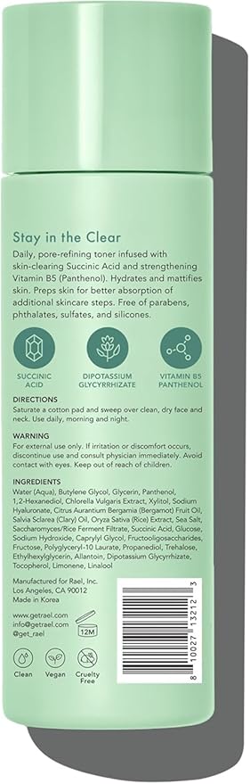 Rael Toner for Face, Miracle Clear - Reducing Pores and Oils with Succinic Acid, Hydrating Vitamin B5, Vegan, Korean Skin Care (5.1 fl oz)