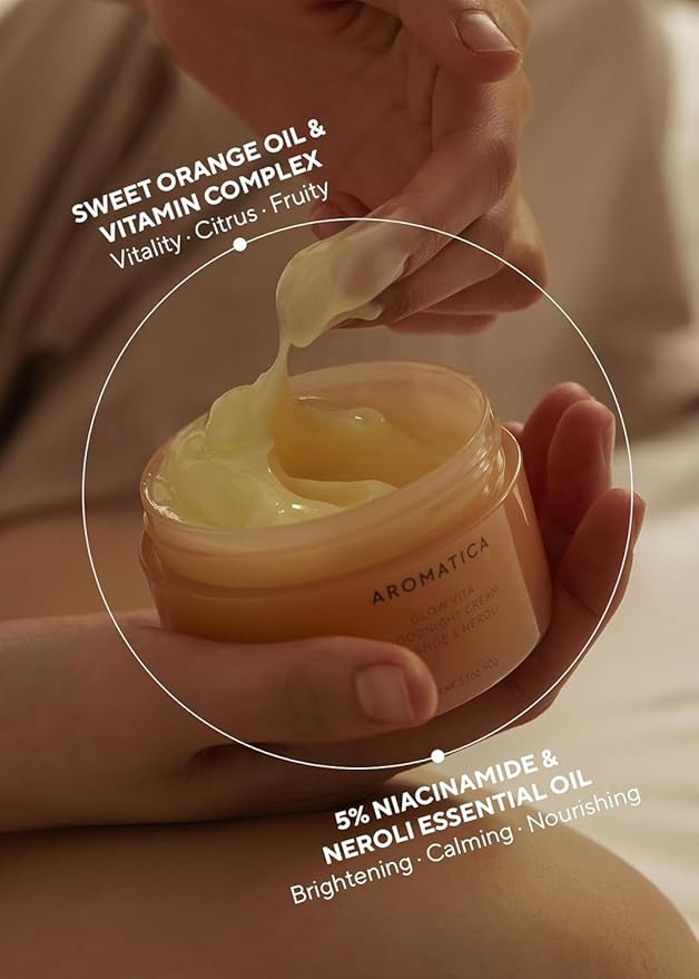 AROMATICA Glow Vita Goodnight Cream Orange & Neroli - Night Cream Moisturizer for Face & Neck | Anti Aging Wrinkle Cream with Vitamin C, 5% Niacinamide (3.1fl oz/90g)