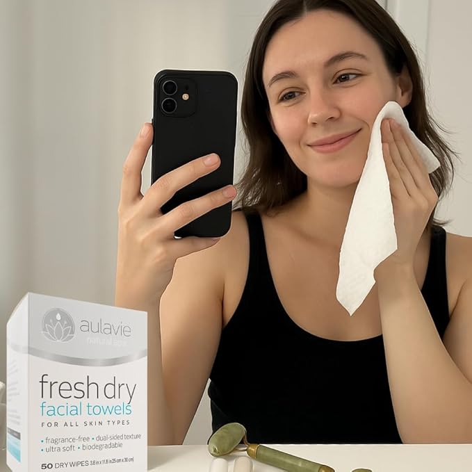 AULAVIE Fresh Disposable Face Towels, XL Self Care Dry Cleansing Cloth for All Skin Types, Ultra Soft Makeup Remover Wipes, Dry Towelettes for Acne and Skincare, Biodegradable; 10"x12" - 50 Wipes