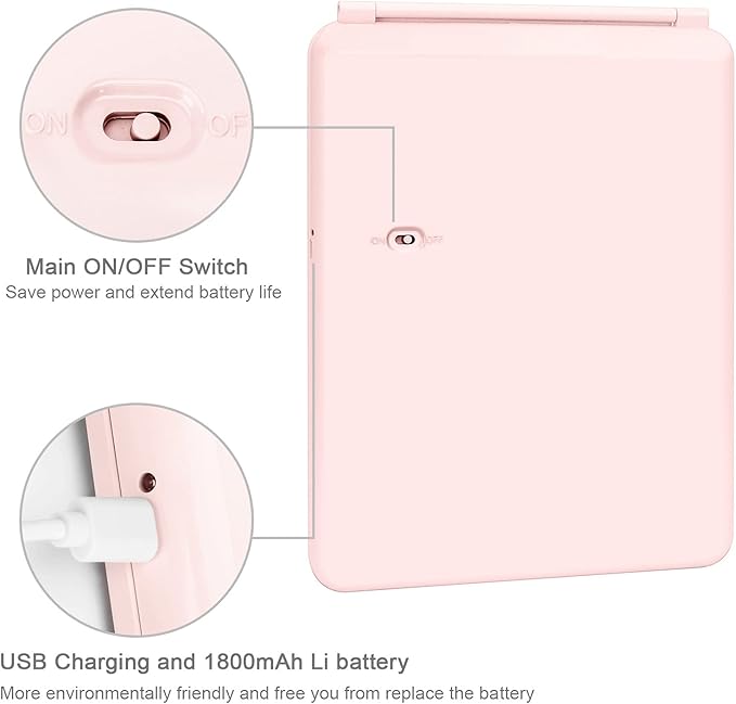 deweisn Folding Travel Mirror Lighted Makeup Mirror with 72 LEDs 3 Colors Light Modes, USB Rechargable, Portable, Ultra Thin, CompactVanity Mirror with Touch Screen Dimming for Cosmetic (Pink)