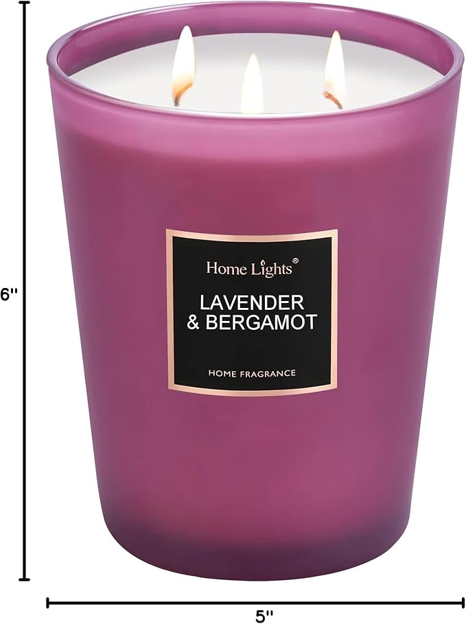HomeLights Highly Scented Soy Candles Big 33.3 oz for Home. 3 Cotton Wicks, Smokeless Long Lasting 130 hrs in Lavender & Bergamot. 5x6, Great Gift for Women & Men