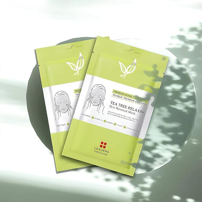 Leaders Insolution Tea Tree Relaxing Skin Renewal Mask | Soothing Facial Sheet for Acne, Oil Control, and Sensitive Skin | Hydrating Botanicals | Calms Redness, Smooth (10 Sheets)