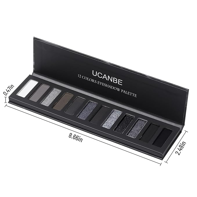 UCANBE Smokey Eyeshadow Palette, Dark Black White Gray Silver Natural Nude Matte Shimmer Eye Shadow Make Up Pallet for Smoky Emo Goth Makeup, 12 Color High Pigmented Long Lasting Waterproof Pallete