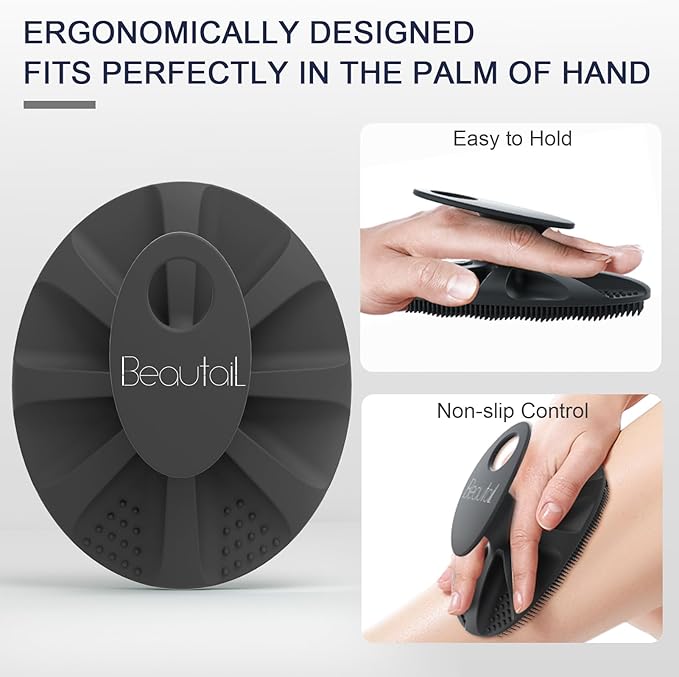 Silicone Body Scrubber 2 Pack, BEAUTAIL Shower Bath Wash Brush, Gentle Exfoliating Scrub Cleansing Loofah for Women Men Baby Sensitive Skin, Easy to Clean, Lather Nicely, More Hygienic, Black+Cyan
