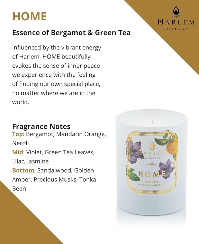 HARLEM CANDLE CO. Home - Luxury Scented Soy Candle, 11 oz - 80-Hour Burn Time | Bergamot, Jasmine, Sandalwood, Mandarin Orange and Green Tea Leaves | Scented Candles for Home