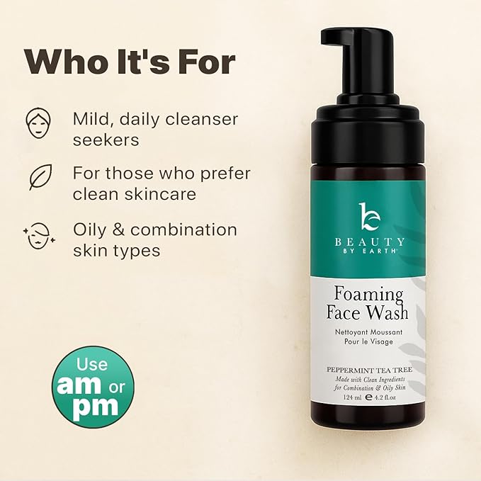 Beauty by Earth Foaming Face Wash Cleanser โ Natural & Organic Ingredients, Vegan Facial Wash, Gentle Daily Cleanser for Sensitive, Oily & Acne Prone Skin, Made in USA