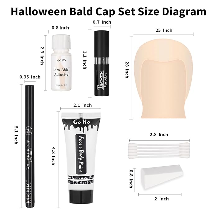 Go Ho Halloween Makeup Kit for Jack Cosplay Costume - Complete 8-Piece Professional Skeleton Makeup with Bald Cap,Pro-Aide Adhesive,White Body Paint,Black Lipstick,Black Eyeliner & Applicators