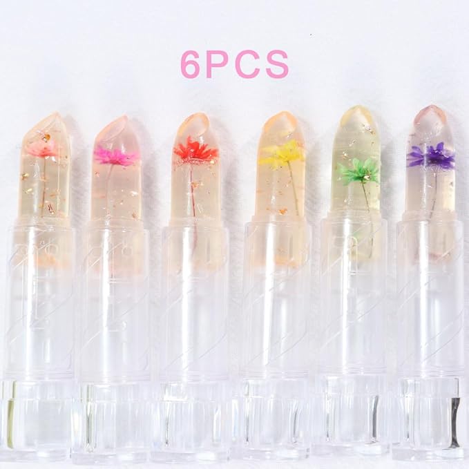 BINGBRUSH 6 Pcs Crystal Flower Jelly Color Changing Lipstick,Long Lasting Lip Care Moisturizer Lip Balm Magic Color Change Lip Gloss Lip Tint Stain Matte Makeup Lipstick (6 Pcs 01#-06#)