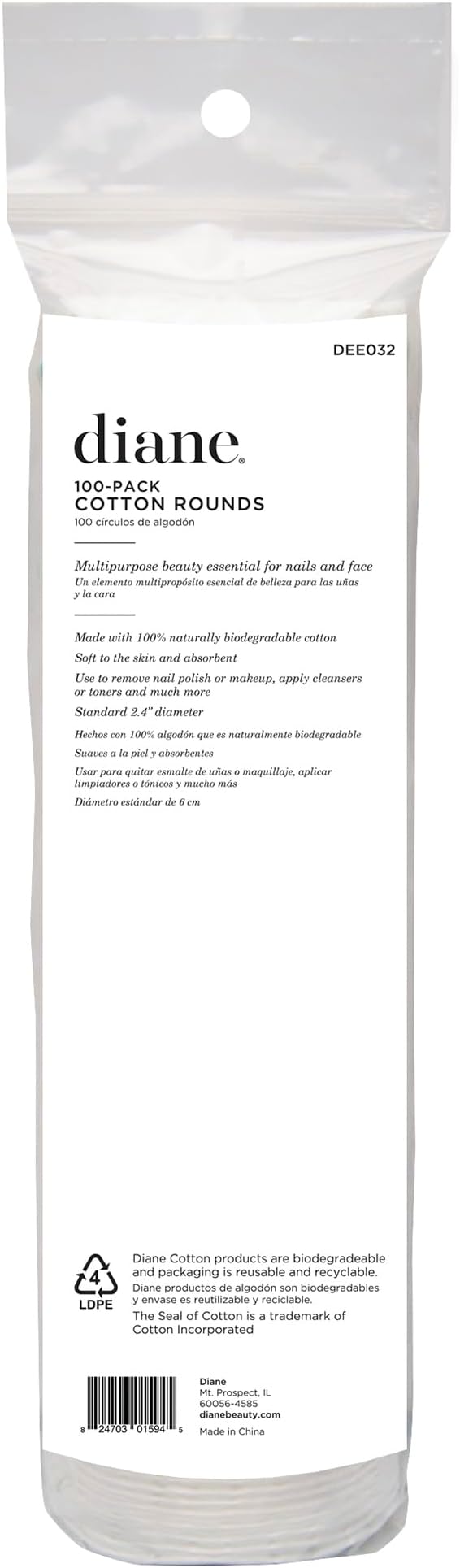 Diane Multi-Layer 2.4” Cotton Rounds, 100% Pure Cotton, Ideal for Makeup Removal, Nail Polish Touch-Ups, Skincare, and Everyday Household Use, 100 Count