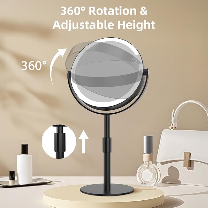 Makeup Mirror with Lights, 8" Double Sided 1x/10x Magnifying Vanity Mirror with 3 Color Lights, Rechargeable, 360° Rotation and Adjustable Height, Gift for Women Her