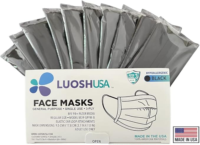 Luosh Face Masks Disposable Made in USA, 3 Ply Disposable Masks 50pcs,Adult Mask, Kids Mask, Black Masks, White Masks